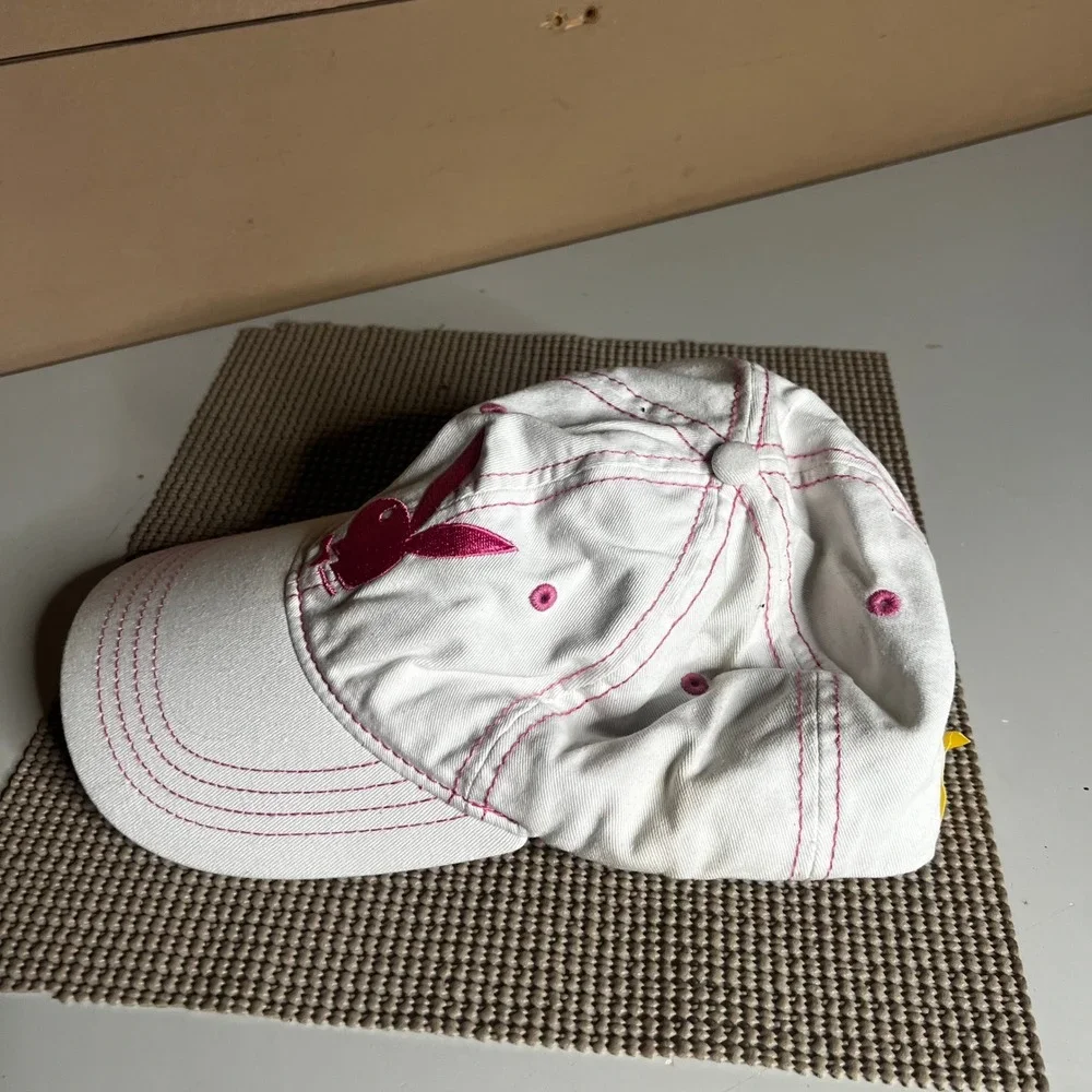 Playboy White Pink Bunny Logo Contrast Stitch Baseball Hat Adjustable Cap